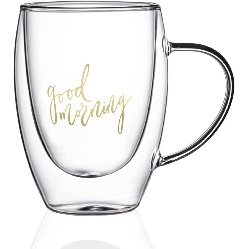 1Chase - Double Wall "Good Morning" Printed Glass Mug with Handle 350 ml Pack Of 2