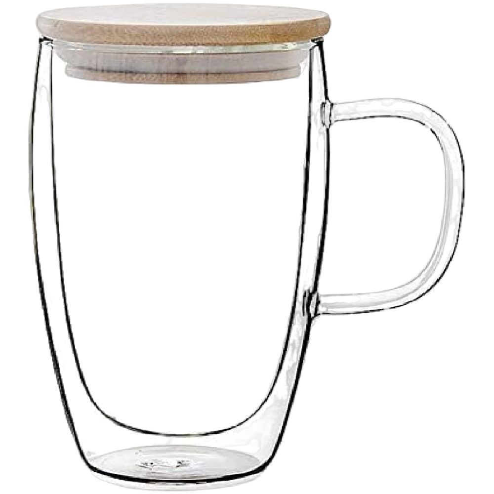 1Chase - Double Wall Glass Coffee Mug with Handle and Bamboo Lid 450ml