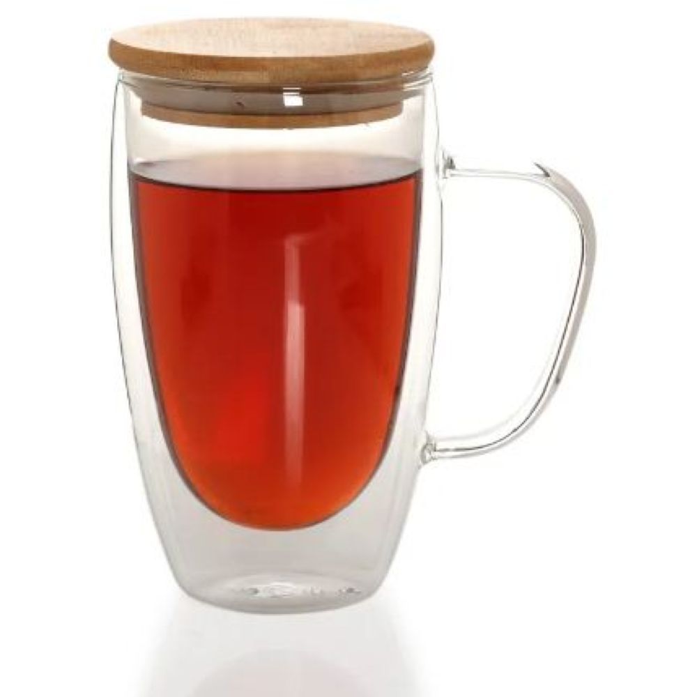 1Chase - Double Wall Glass Coffee Mug with Handle and Bamboo Lid 450ml