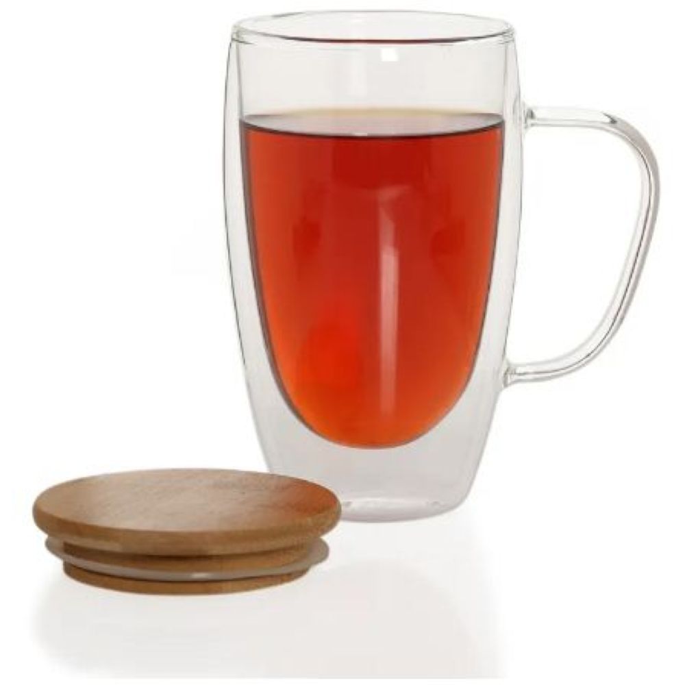 1Chase - Double Wall Glass Coffee Mug with Handle and Bamboo Lid 450ml