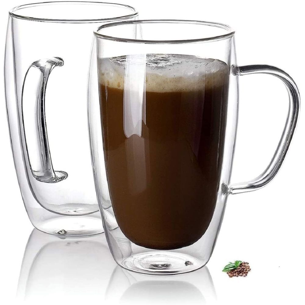 1Chase - Double Wall Glass  Coffee Mug With Handle 450 ml Pack Of 2