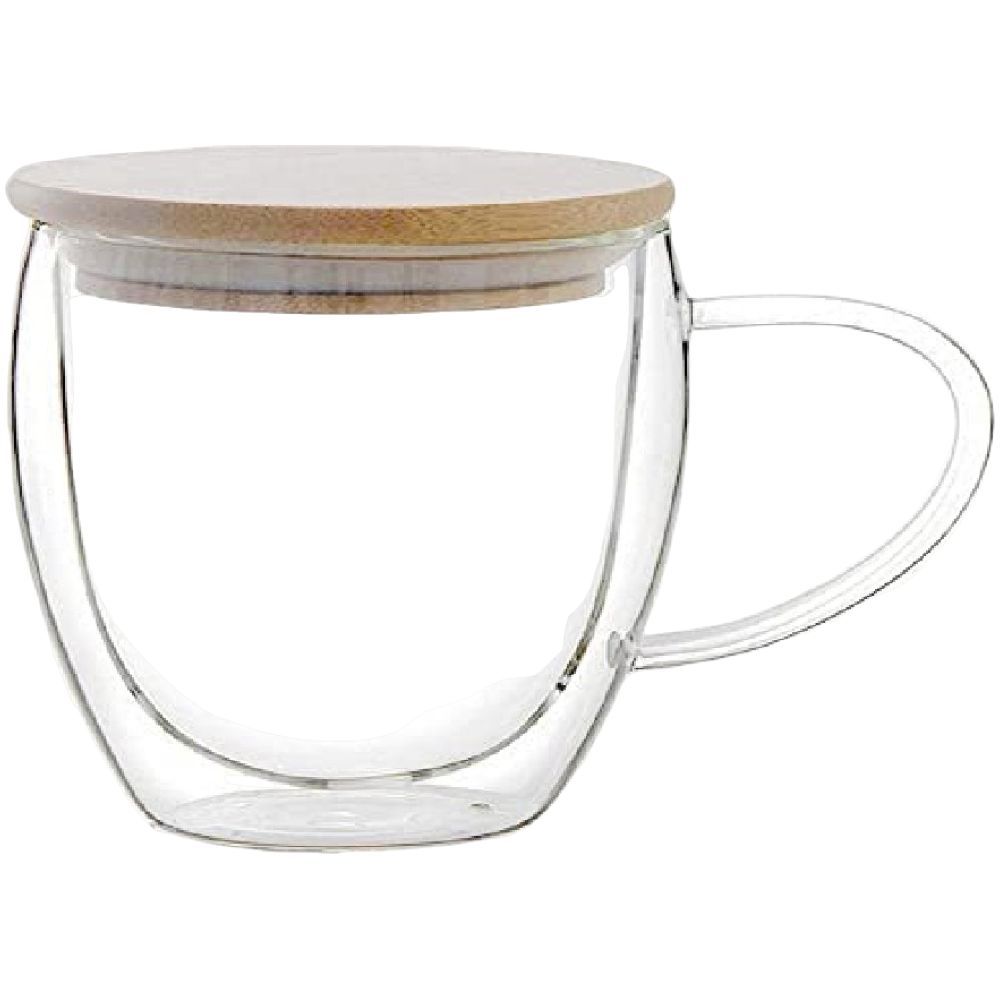 1Chase - Double Wall Glass Coffee Mug with Handle and Bamboo Lid 250 ml 