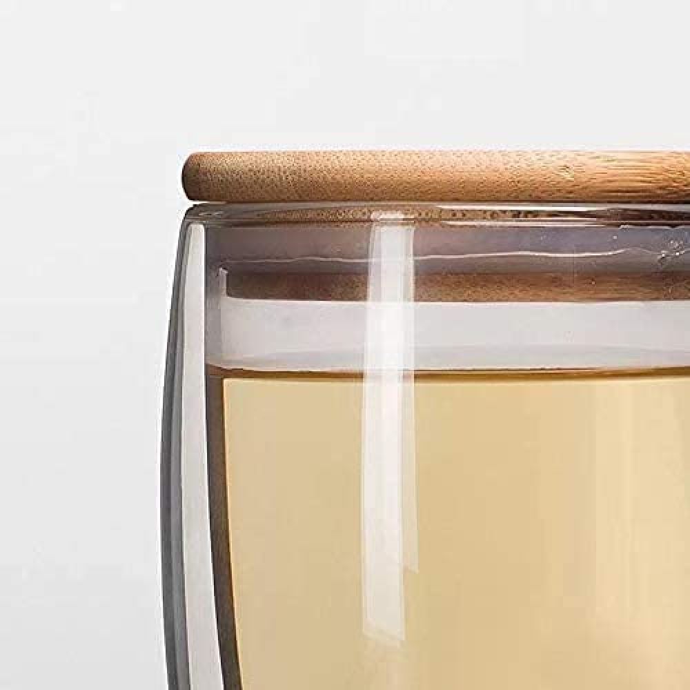 1Chase - Double Wall Glass Coffee Mug with Handle and Bamboo Lid 250 ml 