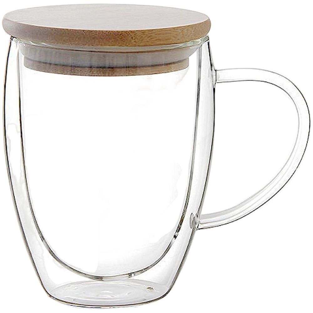 1Chase - Double Wall Glass Coffee Mug with Handle and Bamboo Lid 350 ml