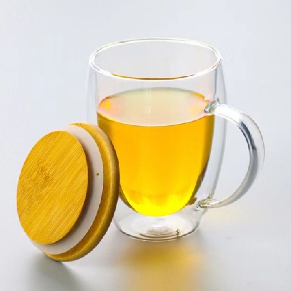 1Chase - Double Wall Glass Coffee Mug with Handle and Bamboo Lid 350 ml