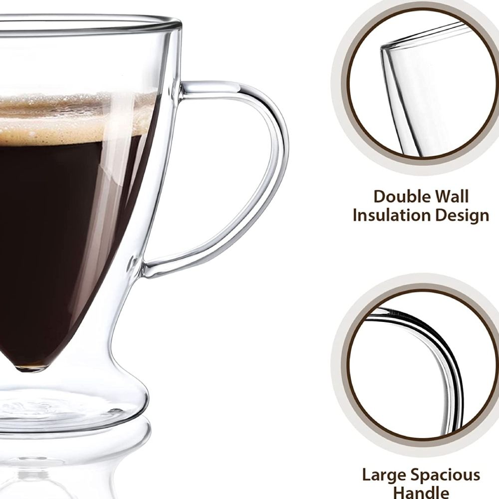 1Chase - Double Wall Irish Glass Coffee Mug with Handle 300 ml Pack Of 2