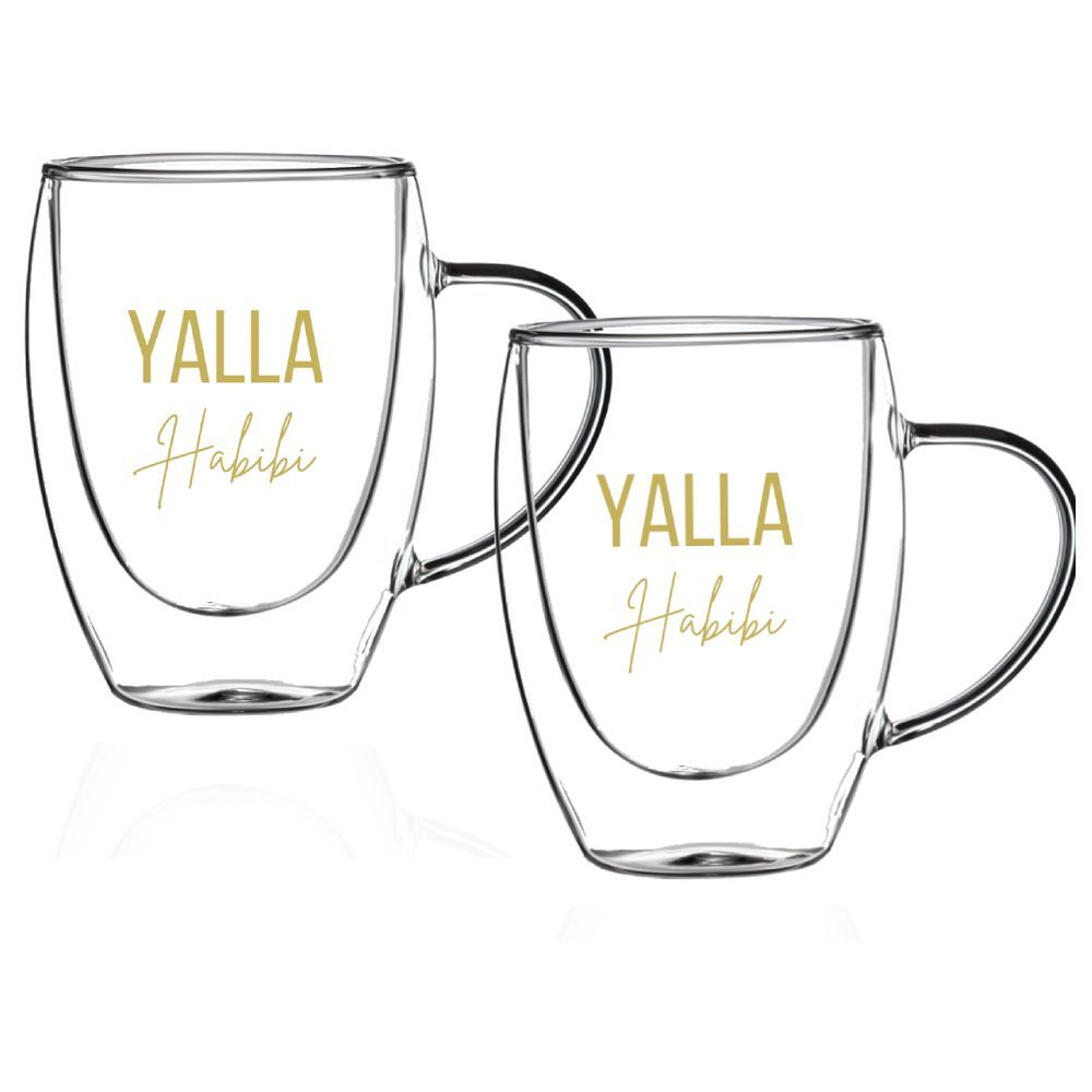 1Chase - Double Wall "Yalla Habibi" Printed Glass Mug With Handle 350 ml Pack of 2 