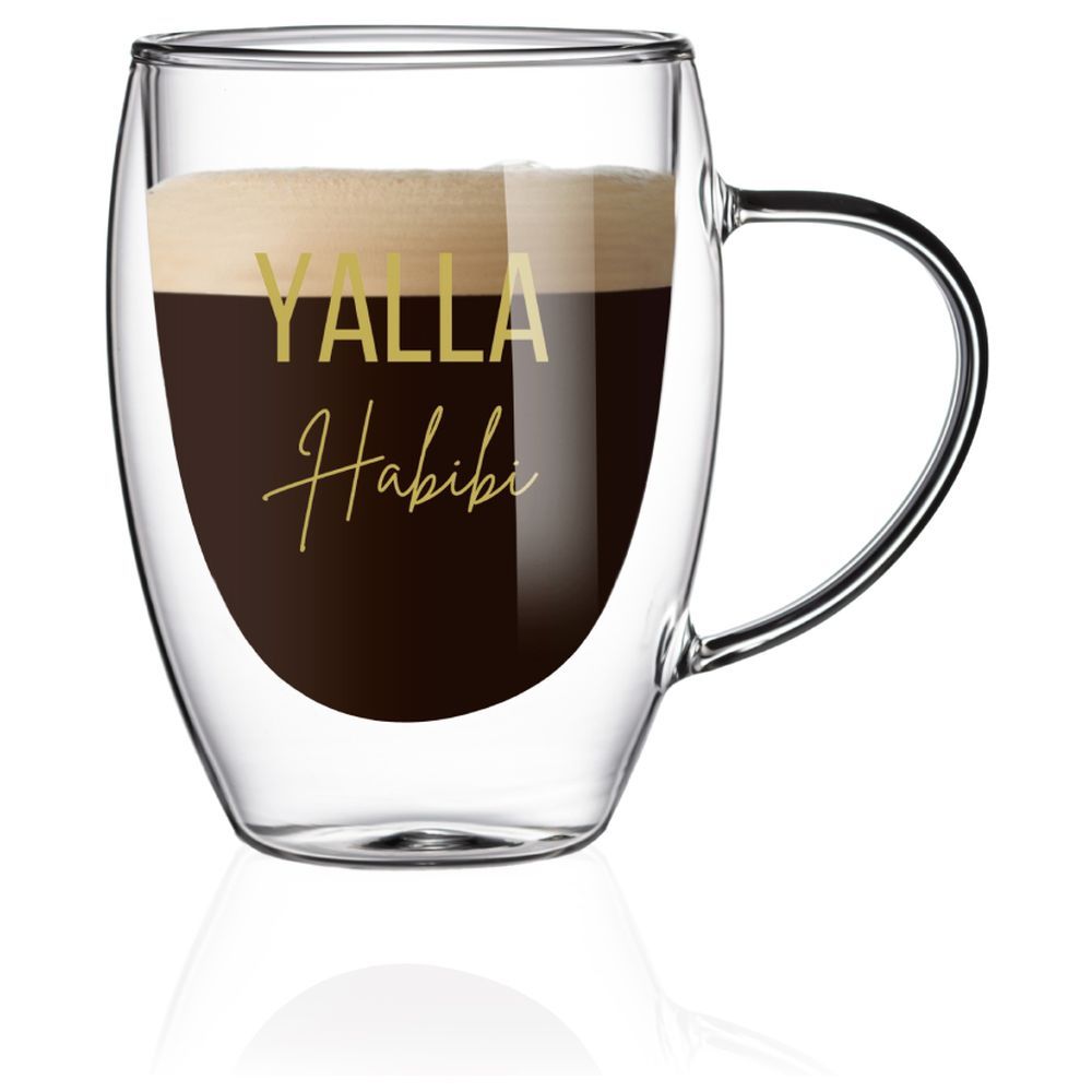 1Chase - Double Wall "Yalla Habibi" Printed Glass Mug With Handle 350 ml Pack of 2 