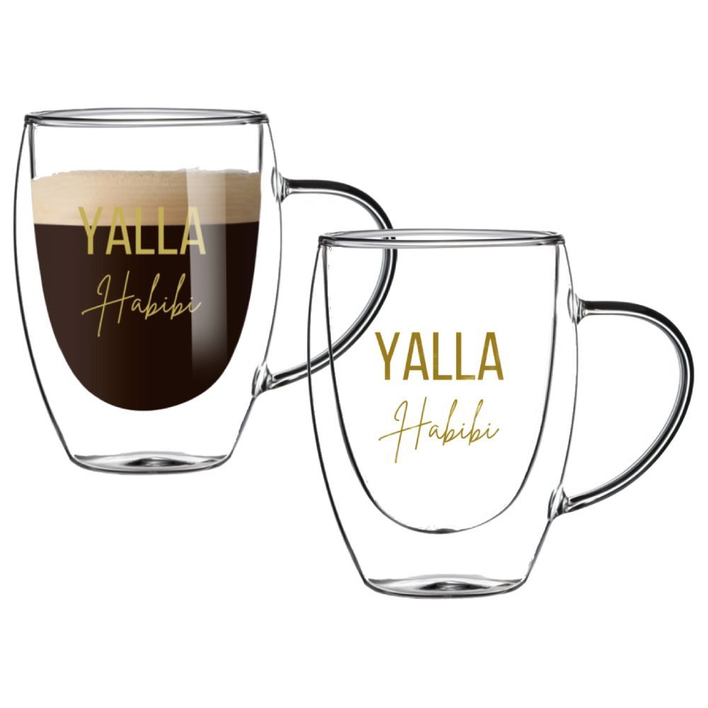 1Chase - Double Wall "Yalla Habibi" Printed Glass Mug With Handle 350 ml Pack of 2 