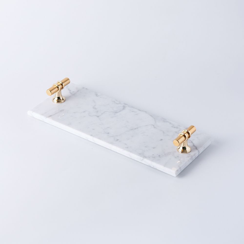 1Chase - Rectangular Marble Tray w/ "T" Shape Golden Handles - White