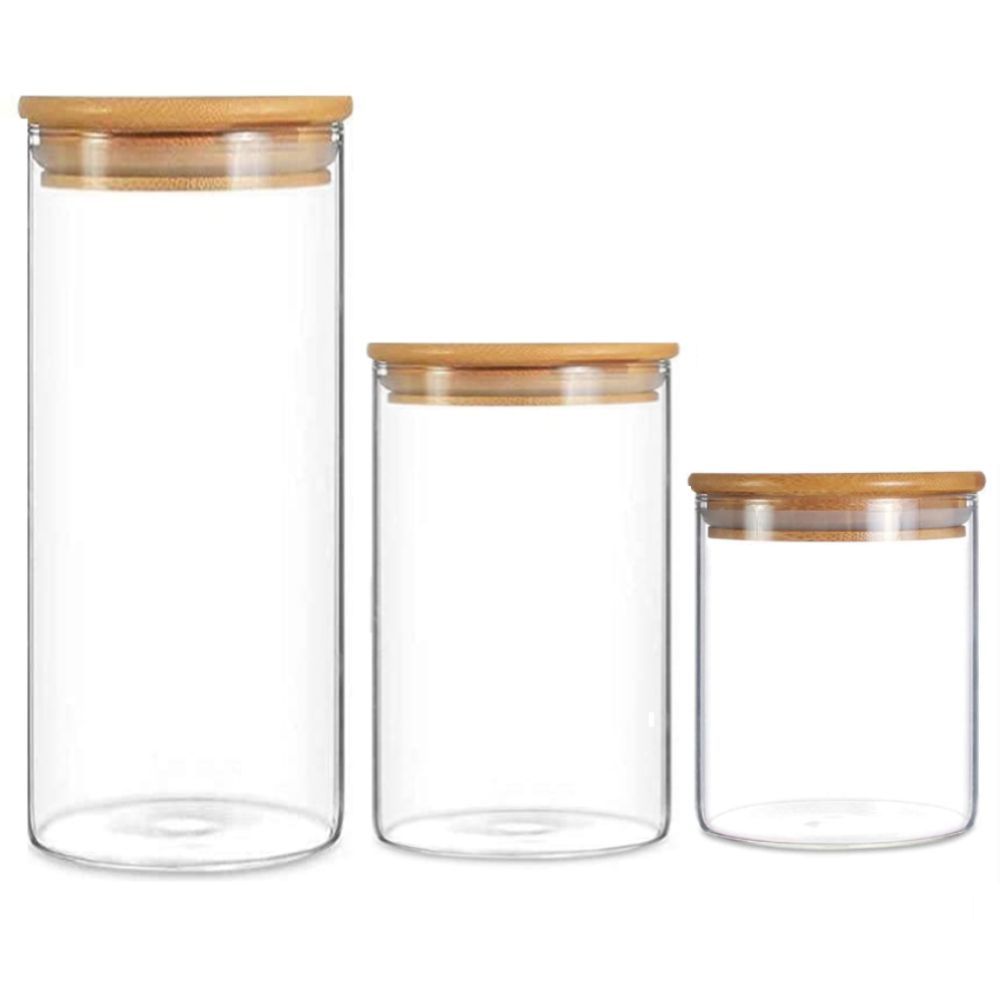 1Chase - Glass Round Storage Jar W/ Bamboo Lid - Pack Of 3