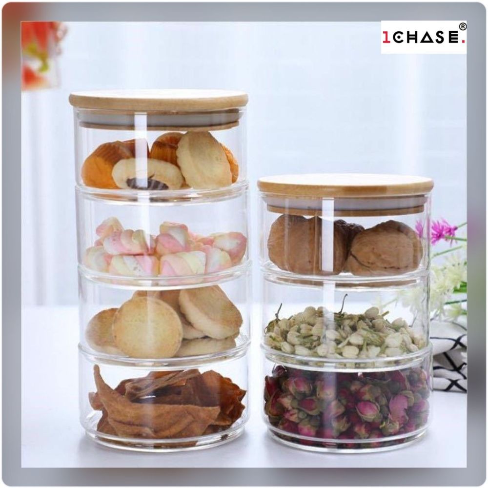 1Chase - 3 Layer Glass Food Storage Jar W/ Airtight Bamboo Lid