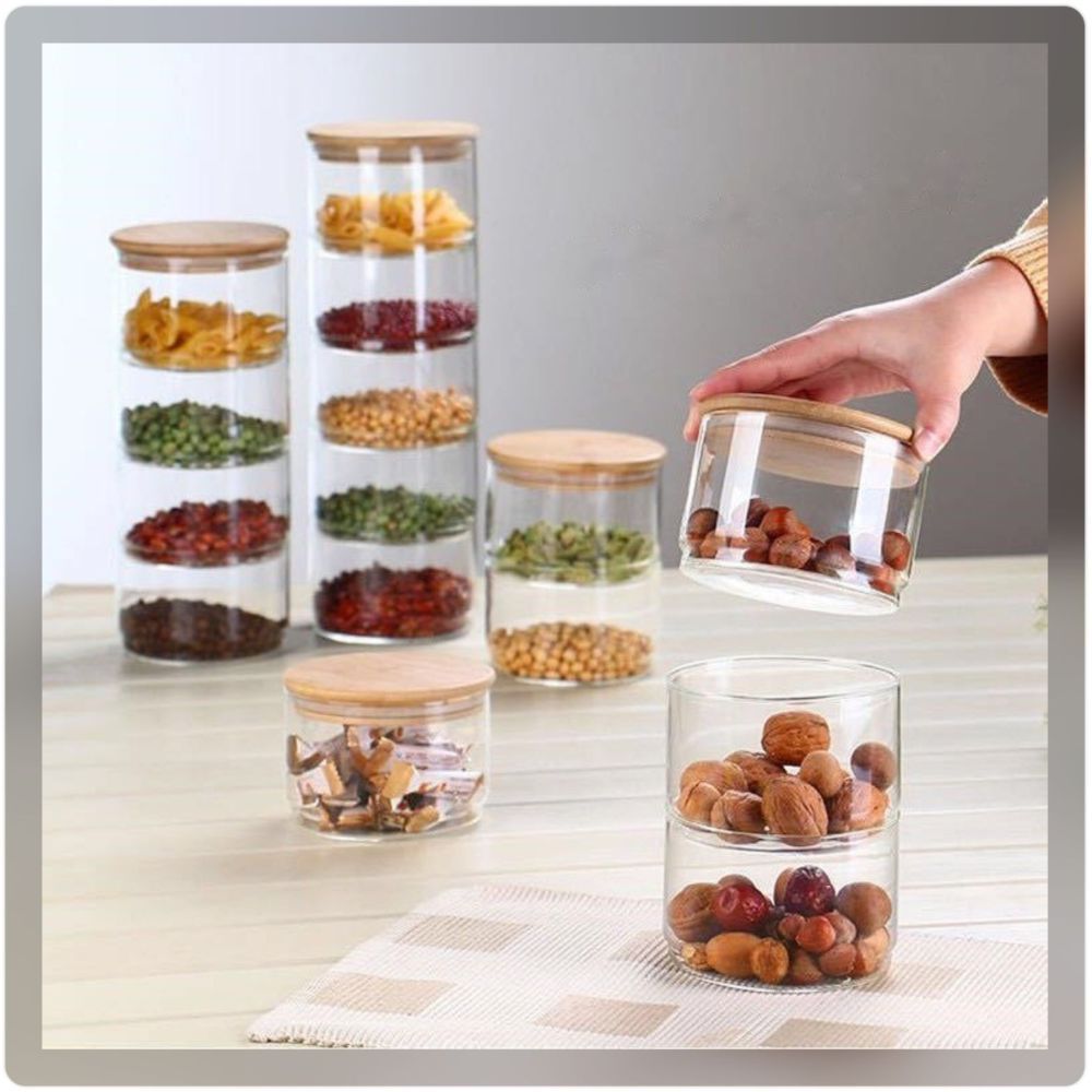 1Chase - 3 Layer Glass Food Storage Jar W/ Airtight Bamboo Lid