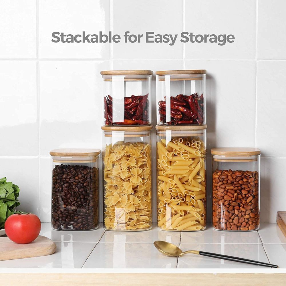 1Chase - Square Food Storage Jar W/ Bamboo Lid - Pack of 6