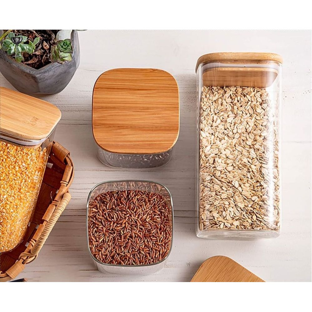 1Chase - Square Food Storage Jar W/ Bamboo Lid - Pack of 6