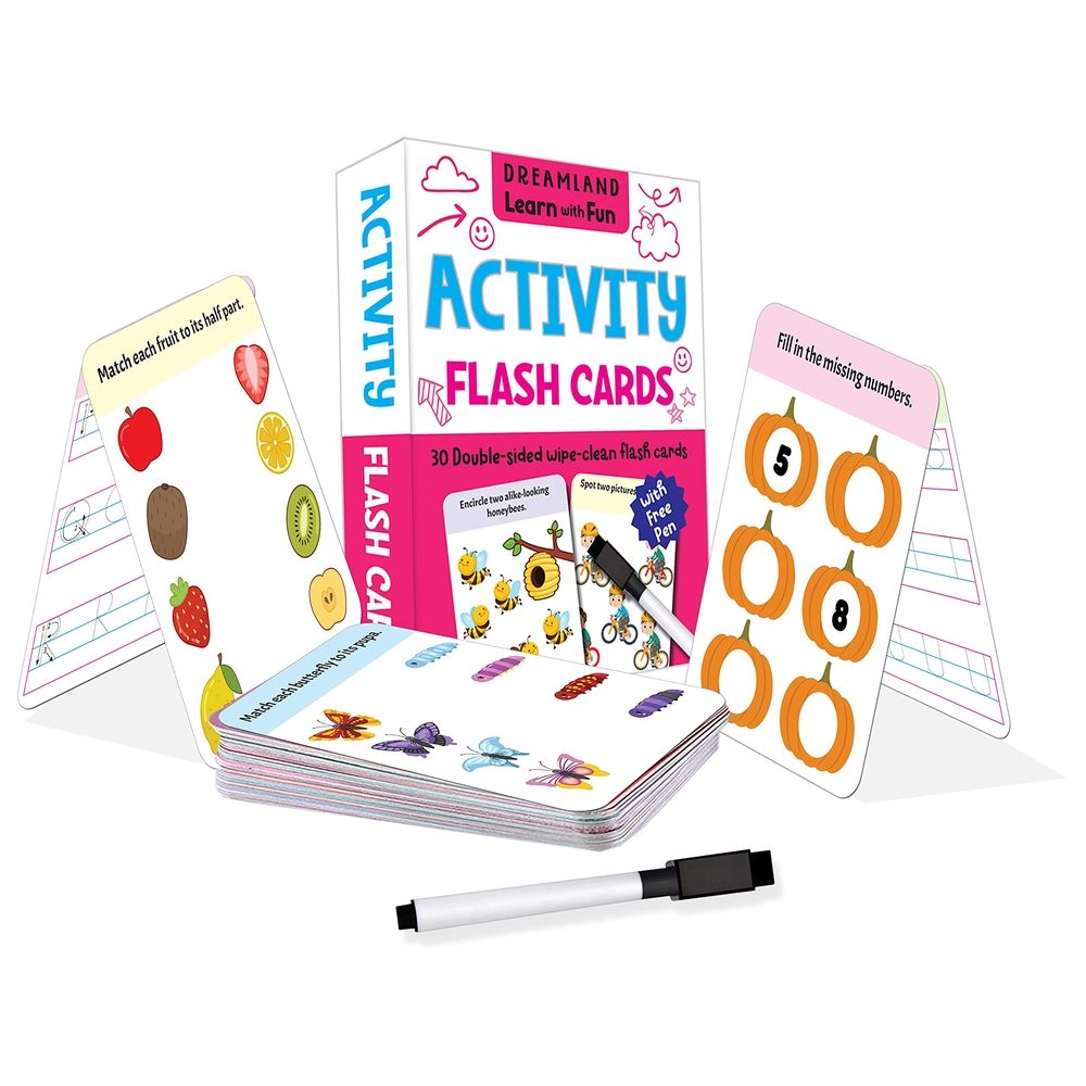 Flash Cards Activity - 30 Double Sided Wipe Clean Flash Cards For Kids (With Free Pen)