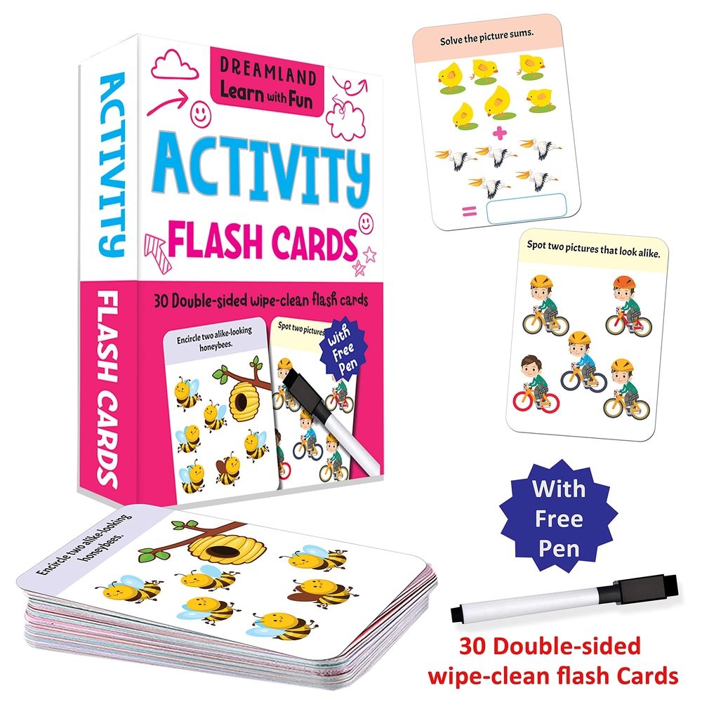 Flash Cards Activity - 30 Double Sided Wipe Clean Flash Cards For Kids (With Free Pen)