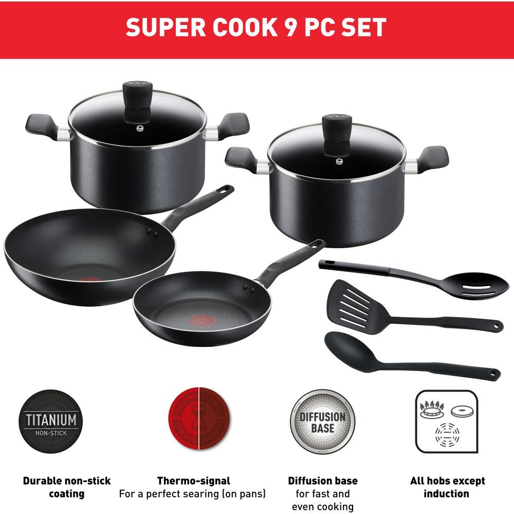 Tefal - Super Cook Non-Stick Cookware Set - 9pc - Black