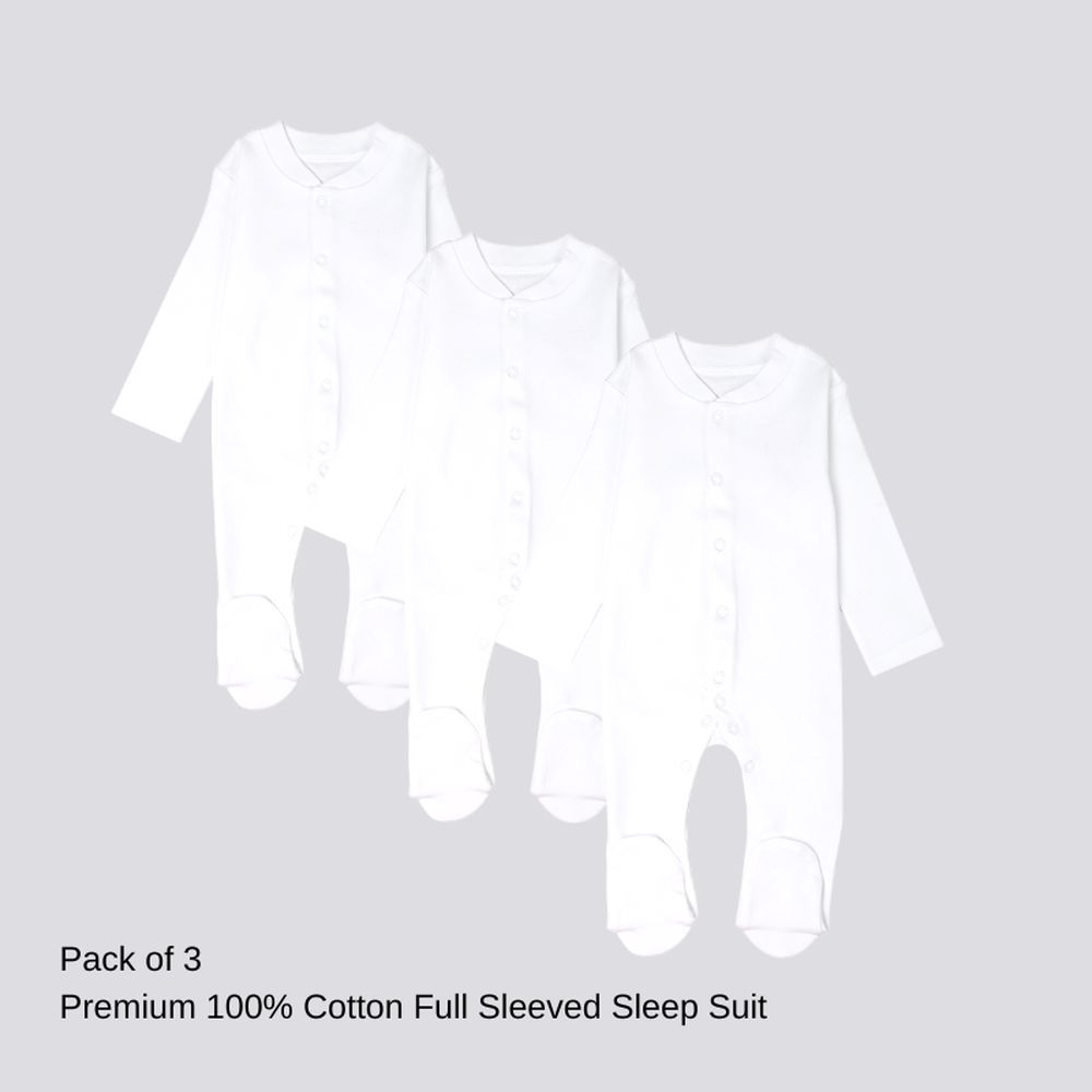 Impressions - 3pc-Set - Cotton Full Sleeved Sleepsuit - White