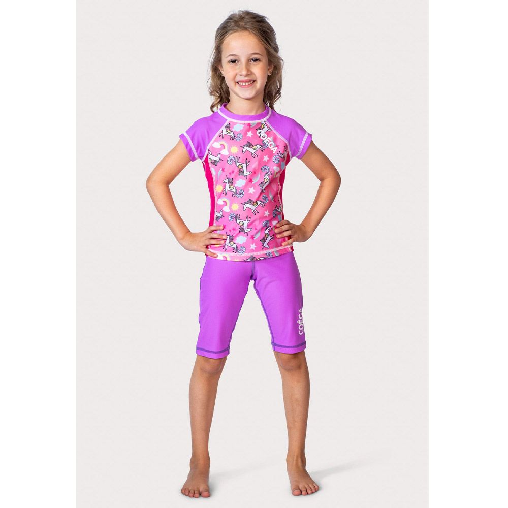 Coega Sunwear - Girls Kids Cap Sleeves Rashguard - Purple Rainbow