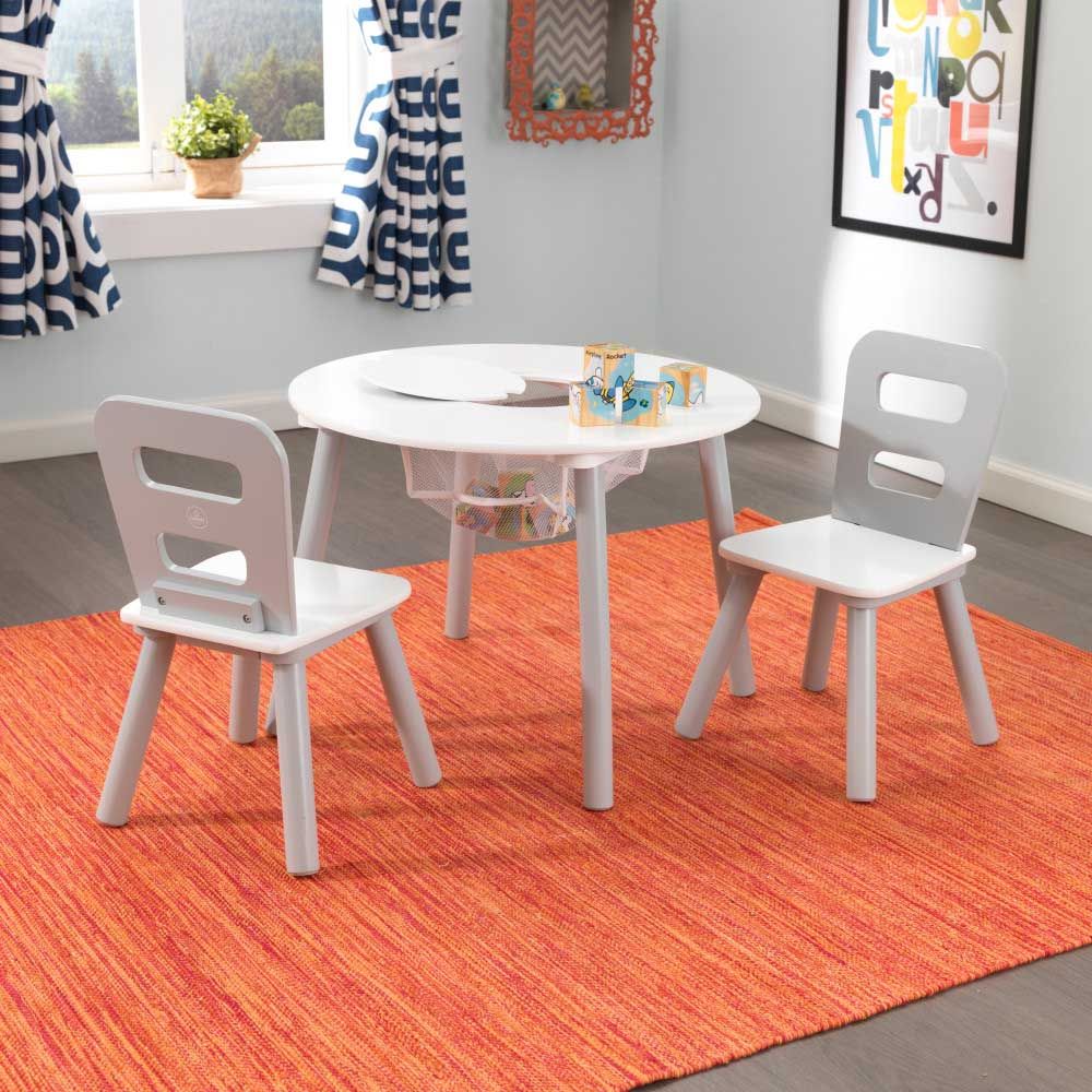 Kidkraft - Round Storage Table & 2 Chair Set - Grey & White