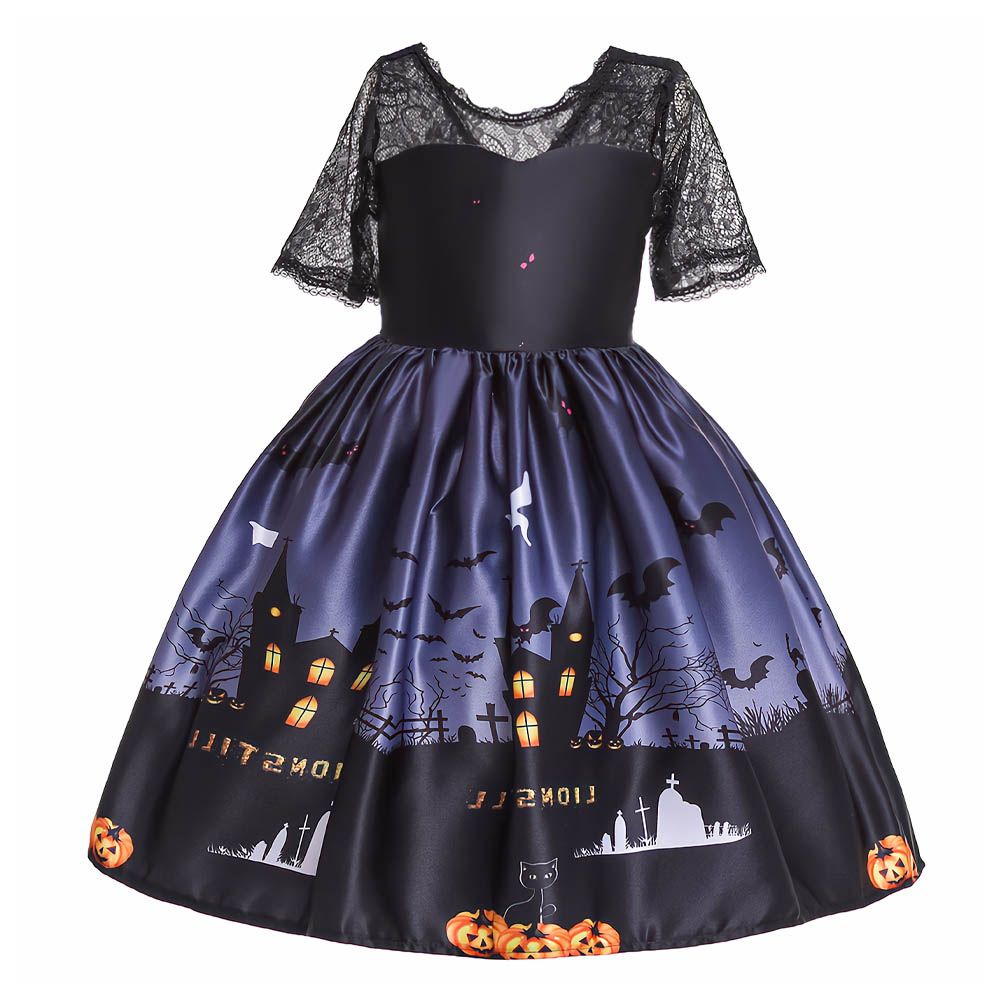 Ddaniela - Halloween Pumpkin Print Dress W/Hat - Black