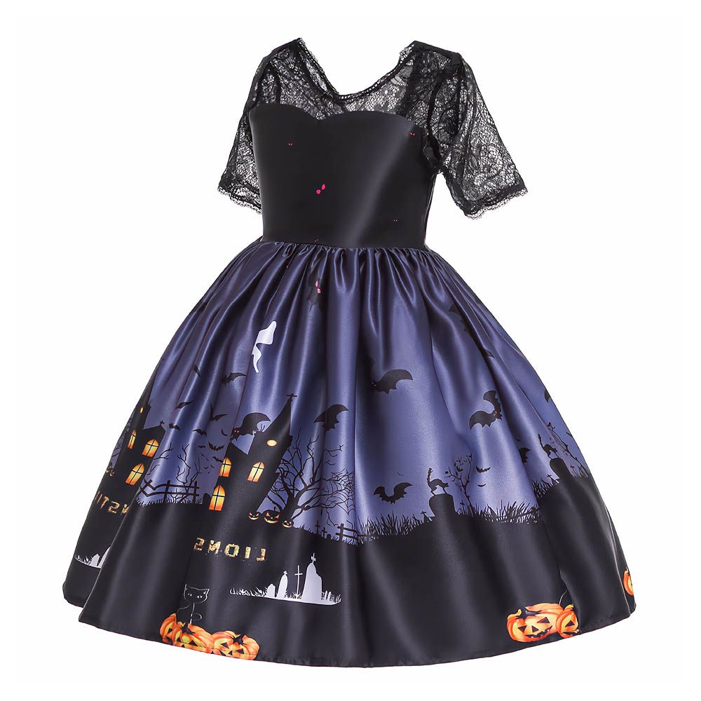 Ddaniela - Halloween Pumpkin Print Dress W/Hat - Black