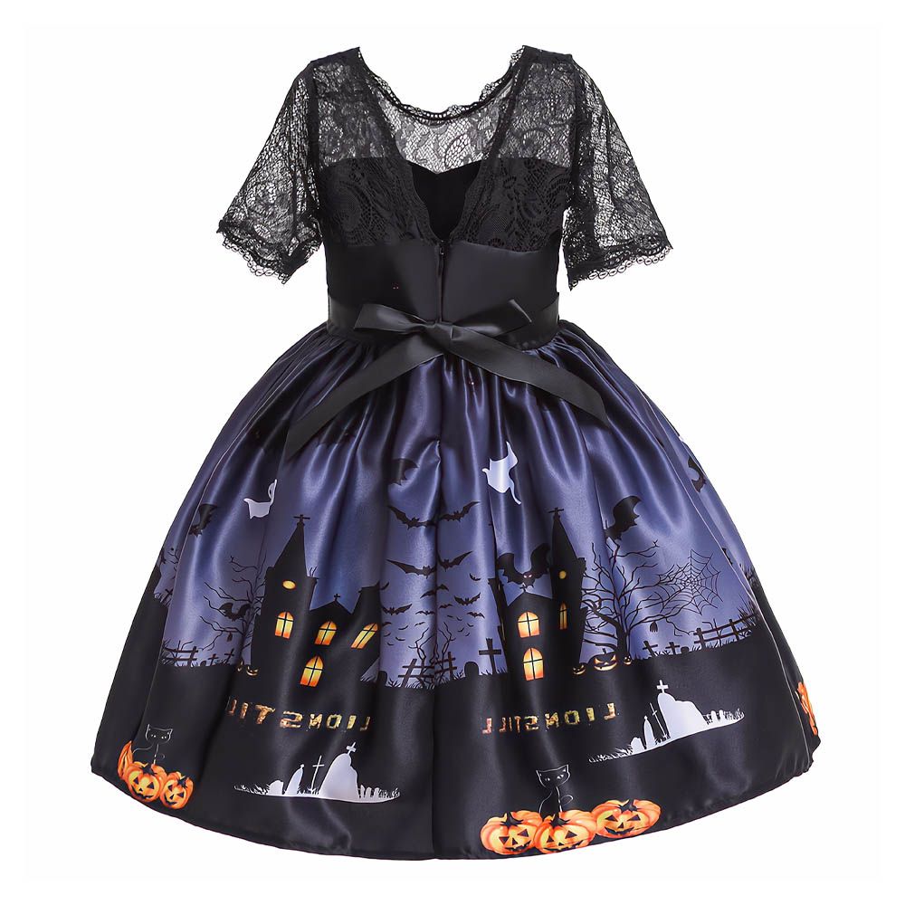 Ddaniela - Halloween Pumpkin Print Dress W/Hat - Black