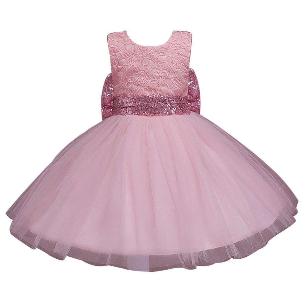 D' Daniela - Beaded Floral Lace Bow Flower Dress - Pink