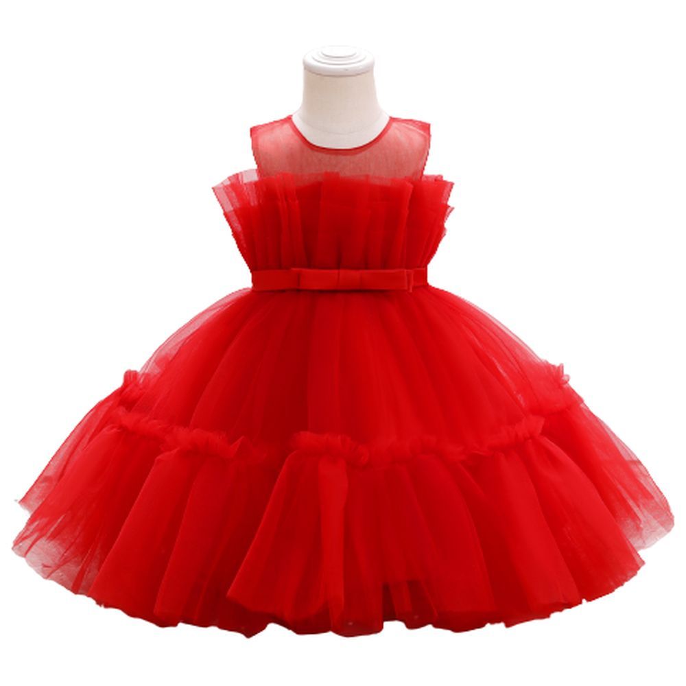 D' Daniela - Toddler Girls Bow Front Ruffle Mesh Gown - Red