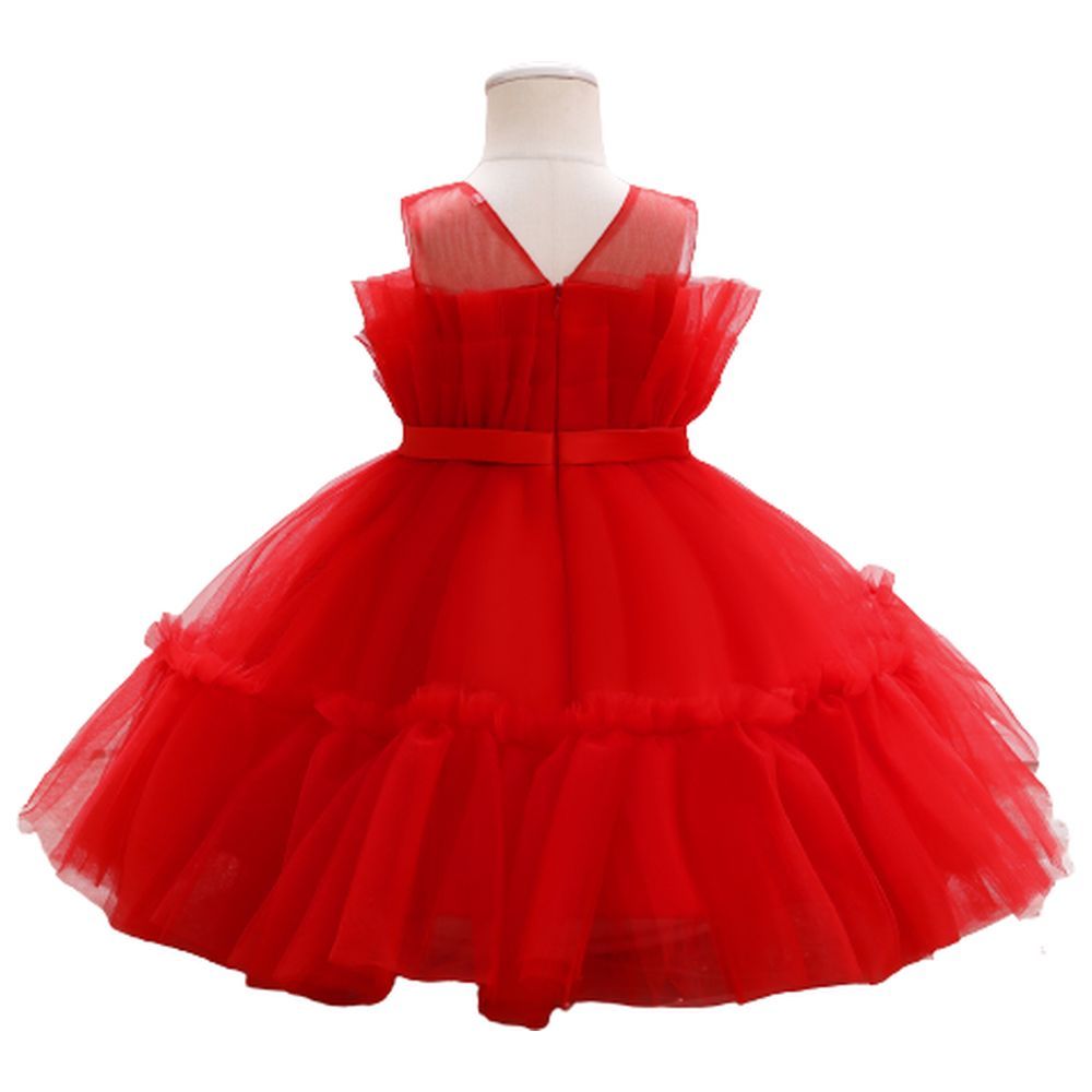 D' Daniela - Toddler Girls Bow Front Ruffle Mesh Gown - Red