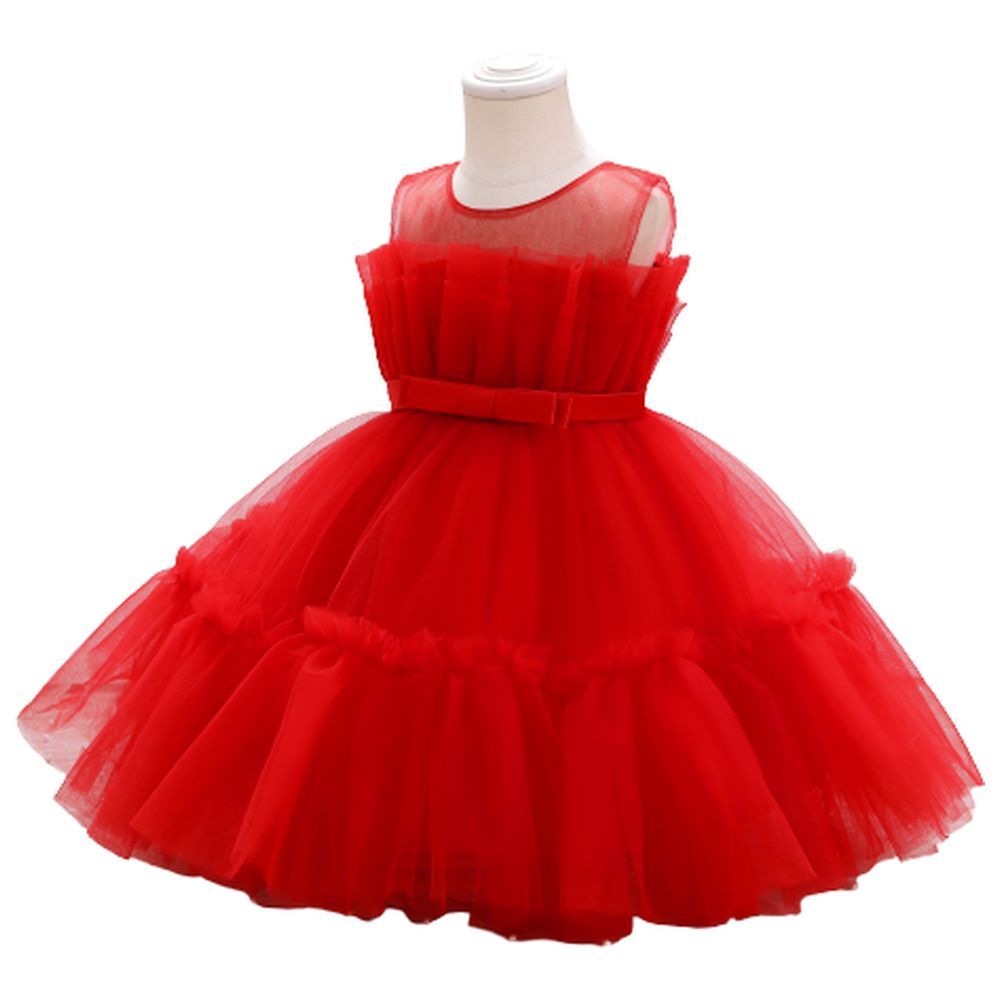 D' Daniela - Toddler Girls Bow Front Ruffle Mesh Gown - Red