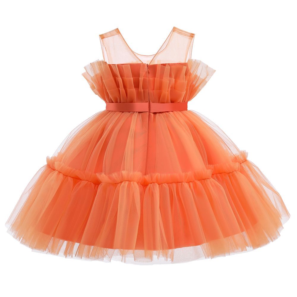 D' Daniela - Toddler Girls Bow Front Mesh Gown - Orange