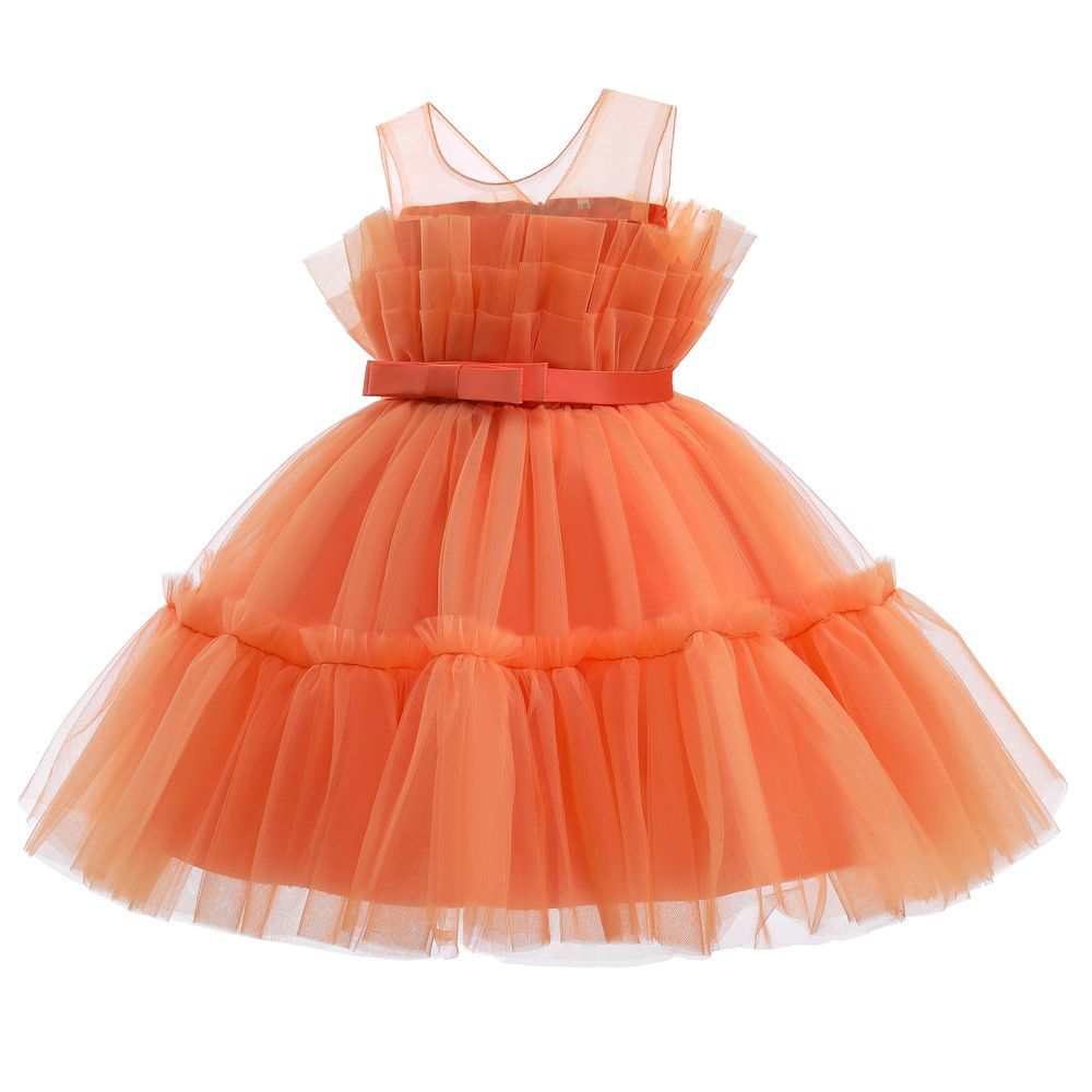 D' Daniela - Toddler Girls Bow Front Mesh Gown - Orange