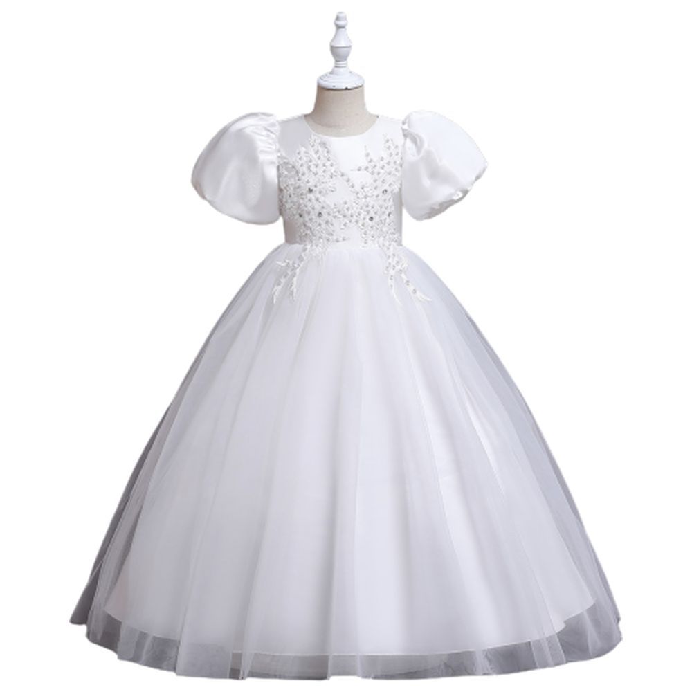 D' Daniela - Puff Sleeve Long Tulle Pearl Dress - White