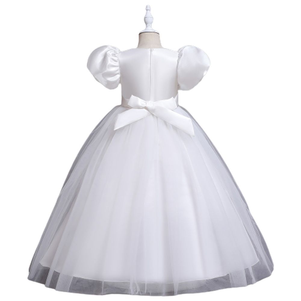 D' Daniela - Puff Sleeve Long Tulle Pearl Dress - White