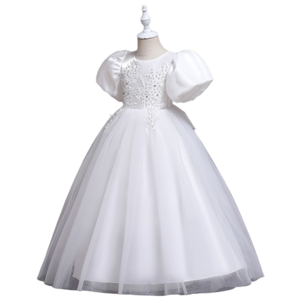 D' Daniela - Puff Sleeve Long Tulle Pearl Dress - White