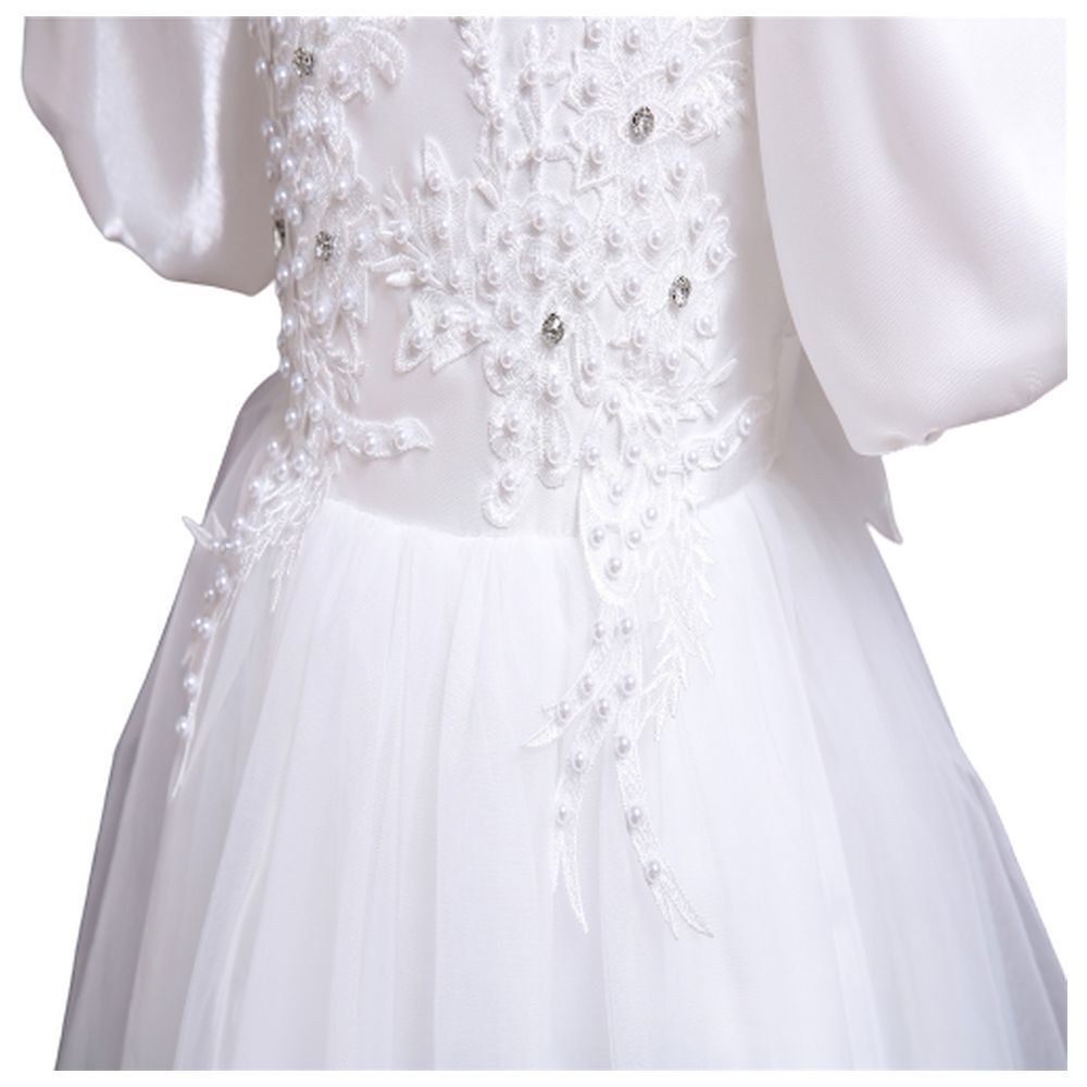 D' Daniela - Puff Sleeve Long Tulle Pearl Dress - White