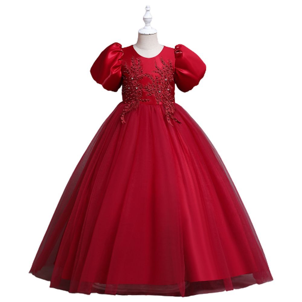 D' Daniela - Puff Sleeve Long Tulle Pearl Dress - Red