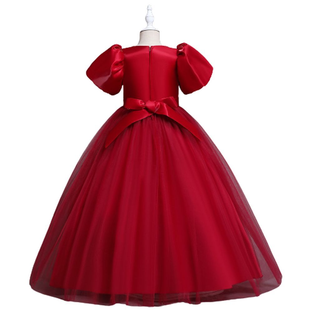 D' Daniela - Puff Sleeve Long Tulle Pearl Dress - Red