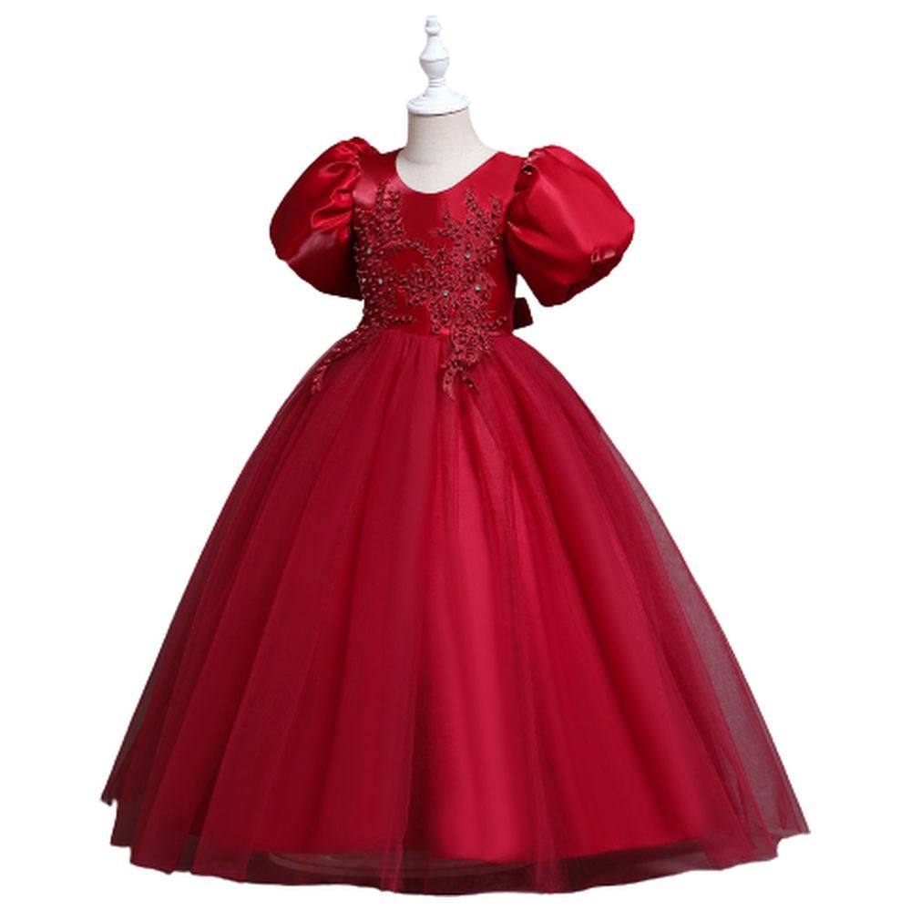 D' Daniela - Puff Sleeve Long Tulle Pearl Dress - Red