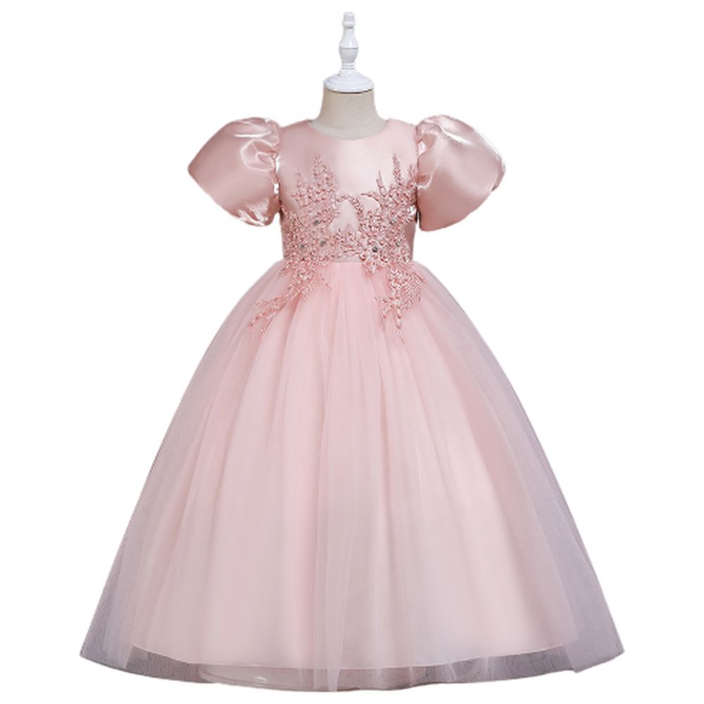 D' Daniela - Puff Sleeve Long Tulle Pearl Dress - Pink