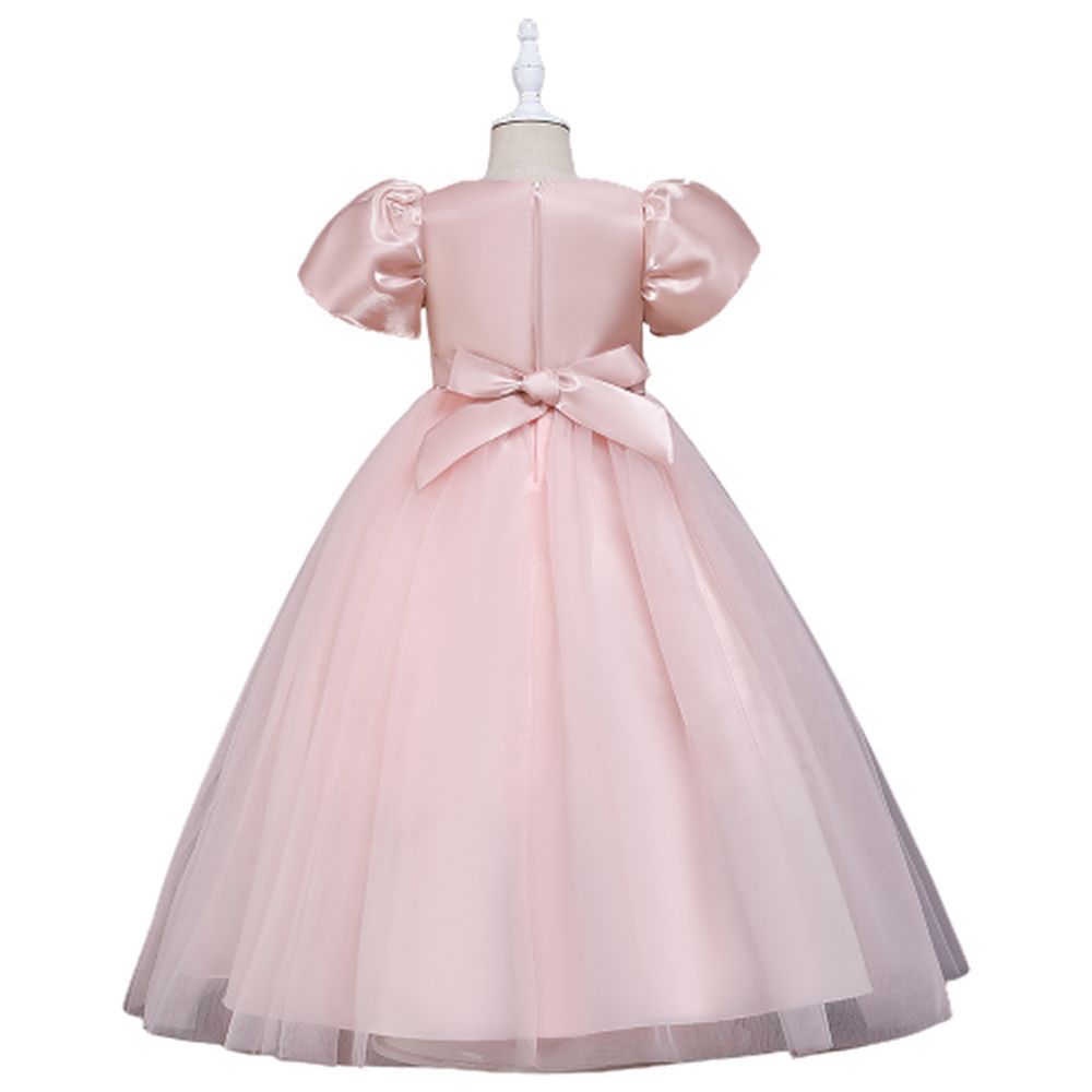 D' Daniela - Puff Sleeve Long Tulle Pearl Dress - Pink