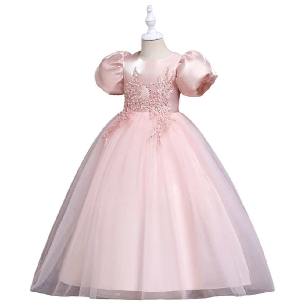 D' Daniela - Puff Sleeve Long Tulle Pearl Dress - Pink