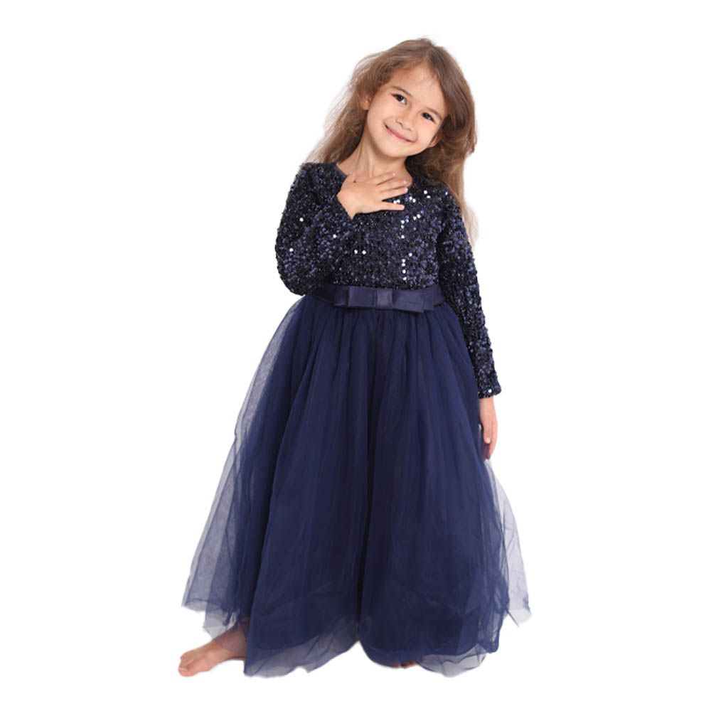 D' Daniela - Girls Heavy Sequins Party Dress - Navy Blue