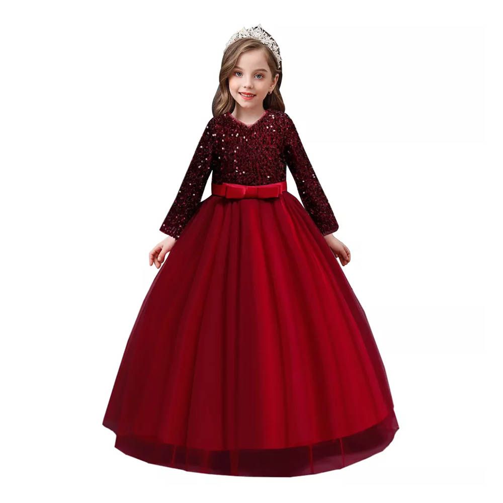 D' Daniela - Girls Heavy Sequins Party Dress - Dark Red