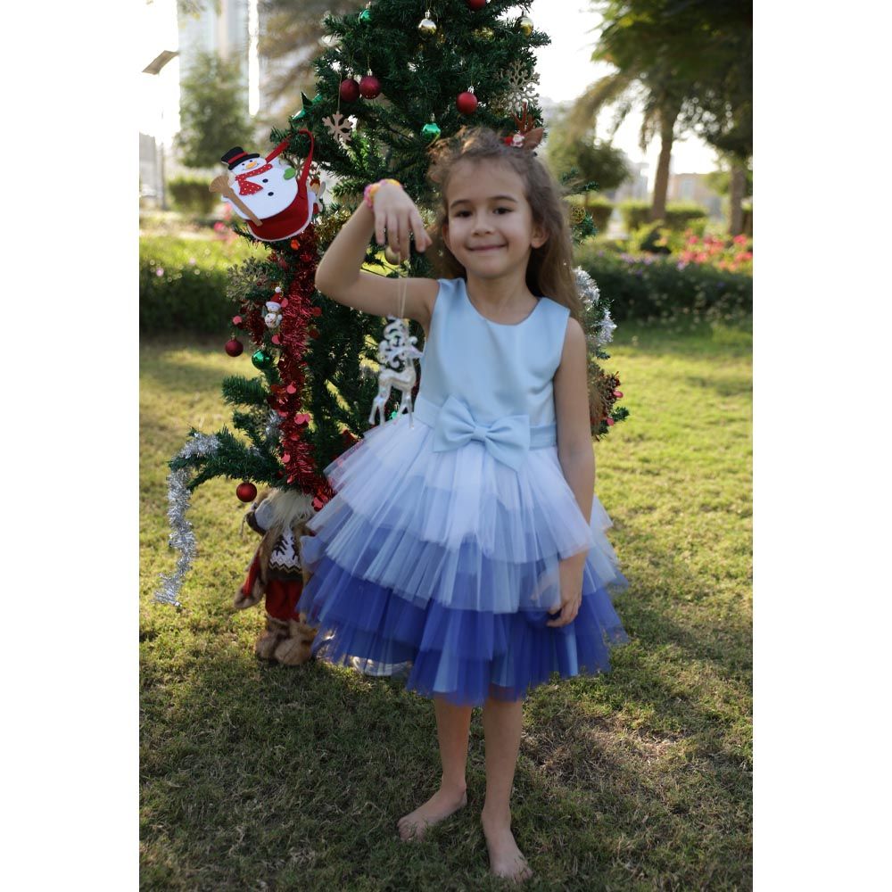 D' Daniela - Toddler Bow Front Ombre Layered Gown - Blue