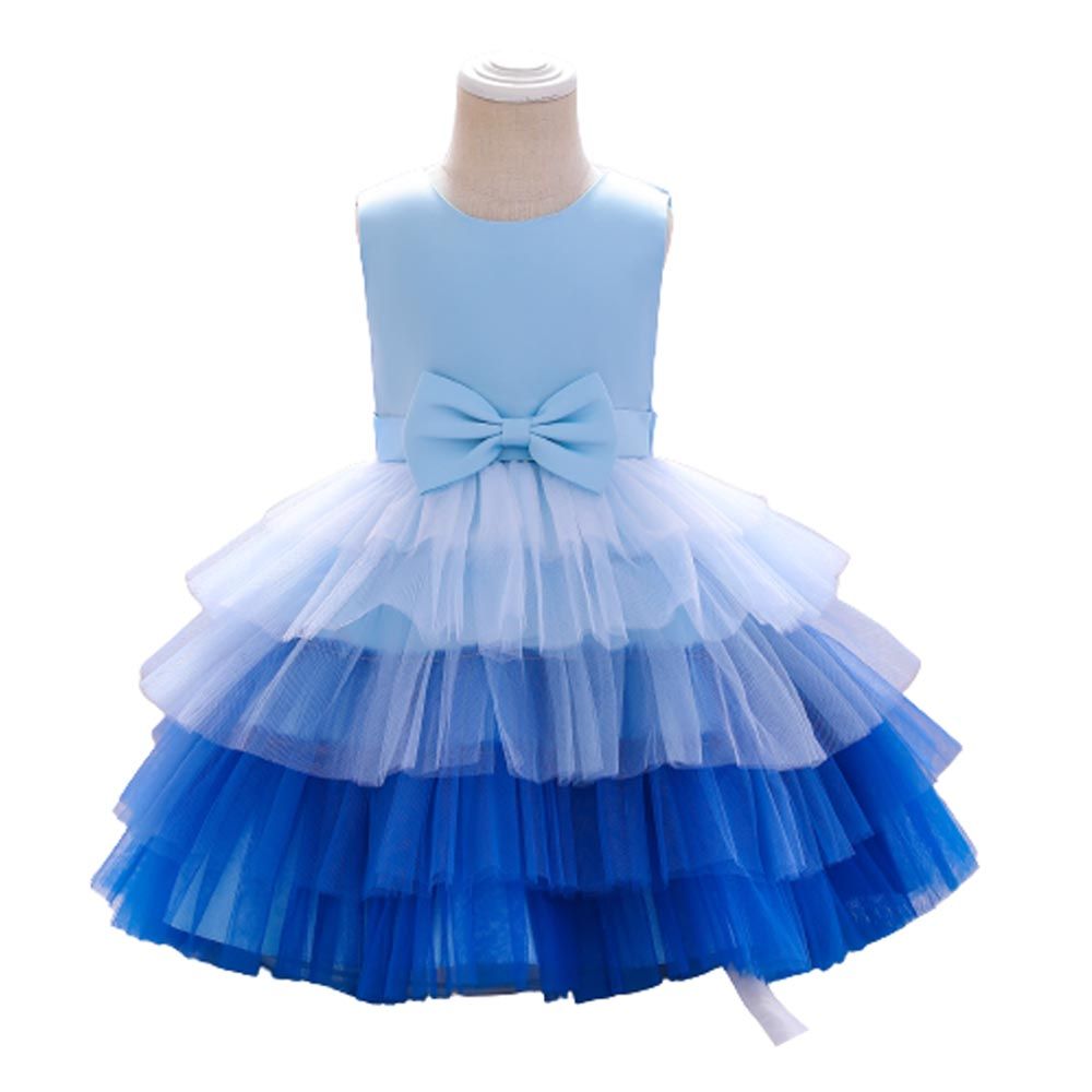 D' Daniela - Toddler Bow Front Ombre Layered Gown - Blue