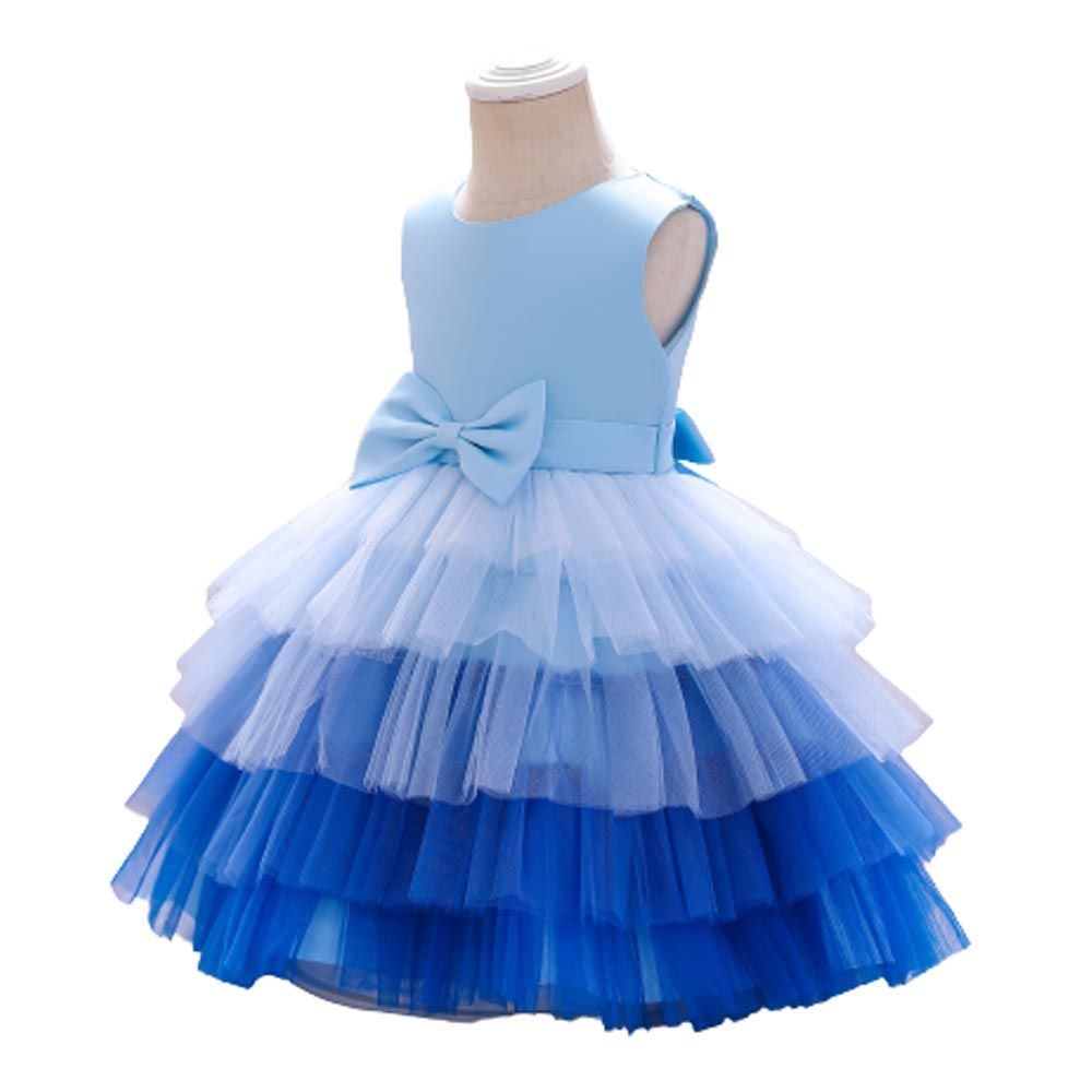 D' Daniela - Toddler Bow Front Ombre Layered Gown - Blue