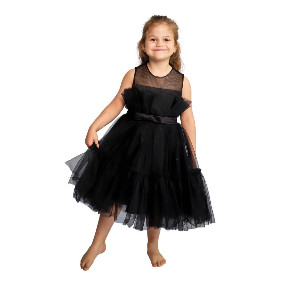 Ddaniela - Toddler Girls Bow Front Ruffle Mesh Dress - Black